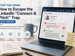 A laptop with LinkedIn-style chat messages, illustrating the shift from spammy “connect and pitch” outreach to meaningful conversations, with icons highlighting connection, engagement, trust-building, and opportunity creation.