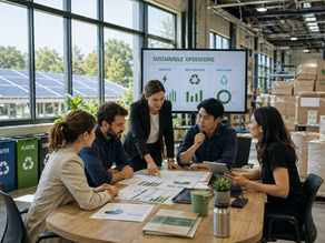 Business leaders and employees reviewing sustainability plans in a modern warehouse facility with solar panels, recycling stations, energy-efficient lighting, and sustainable packaging materials visible in the background.