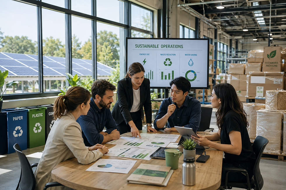 Business leaders and employees reviewing sustainability plans in a modern warehouse facility with solar panels, recycling stations, energy-efficient lighting, and sustainable packaging materials visible in the background.