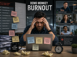 Overworked SaaS sales engineer experiencing burnout after back-to-back enterprise software demos, surrounded by meeting schedules, sticky notes, and virtual customer calls.