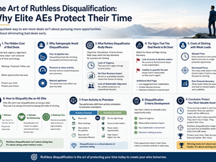 Soft, landscape infographic illustrating “The Art of Ruthless Disqualification” in enterprise sales. The design uses muted blue, gray, and gold tones with a clean, corporate layout. Sections highlight the hidden cost of bad deals, why salespeople avoid disqualification, key criteria like urgency and business impact, warning signs of weak deals, and the benefits of focusing on high-value opportunities. Minimal icons, structured blocks, and a professional tone emphasize protecting time, improving focus, and winning smarter rather than doing more.
