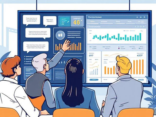 Sales team analyzing conversation intelligence data on a large digital screen with charts, speech bubbles, and AI-driven insights to improve win rates