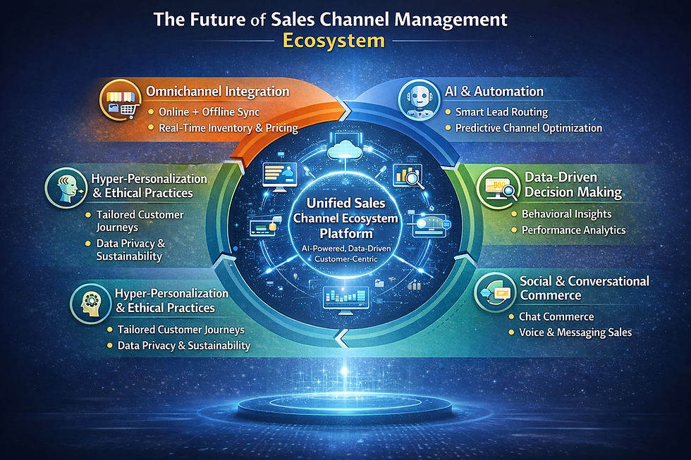 Infographic titled “The Future of Sales Channel Management Ecosystem” featuring a central AI-powered unified sales platform surrounded by six pillars: Omnichannel Integration, AI & Automation, Data-Driven Decision Making, Social and Conversational Commerce, Partner Ecosystems and Subscription Models, and Hyper-Personalization with Ethical Practices.