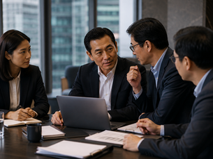 Senior APAC business executives discuss a purchasing decision in a modern corporate meeting, with one executive listening closely to a trusted colleague while reviewing a proposal on a laptop.