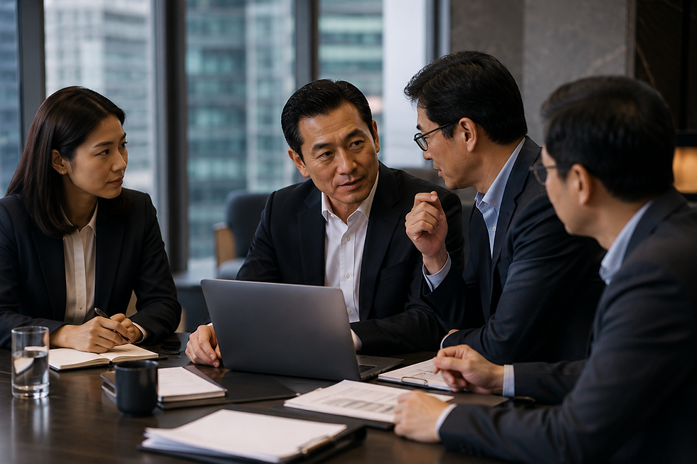 Senior APAC business executives discuss a purchasing decision in a modern corporate meeting, with one executive listening closely to a trusted colleague while reviewing a proposal on a laptop.