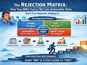 Landscape infographic showing “The Rejection Matrix” for SDRs, with a four-quadrant grid labeled Timing (“Not Now”), Fit (“Not a Fit”), Authority (“Not the Right Person”), and Trust/Value (“Not Interested”) surrounding “Actionable Data.” Arrows illustrate a workflow: track patterns, adjust strategy, test and learn, and improve results, with a salesperson climbing steps labeled “No” toward a “Yes” outcome. 📊📈