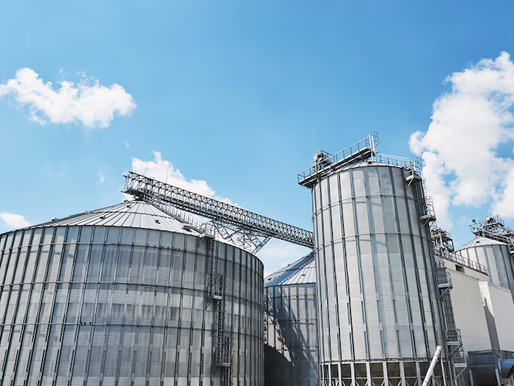 Large metal grain silos and storage tanks under a bright blue sky with scattered clouds. The industrial structures are part of an agricultural or food processing facility, featuring walkways and ladders for maintenance access.
