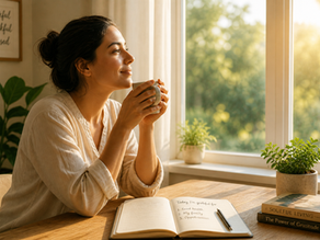 person practicing gratitude in morning with calm expression near window natural light soulful living