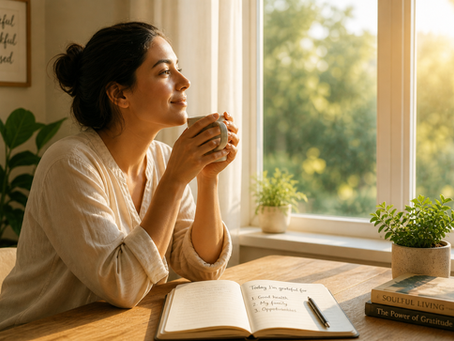 person practicing gratitude in morning with calm expression near window natural light soulful living