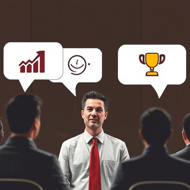 Leader guiding a sales team with growth, time, and trophy icons—creating a data-driven sales culture focused on metrics and performance.