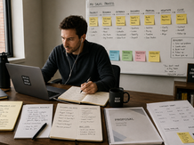 Documentary-style image of a solo startup salesperson working at a small desk, managing the full sales cycle independently with prospect notes, discovery call notes, and deal documents spread across a focused workspace.