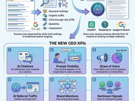 Infographic explaining the shift from traditional SEO metrics like keyword rankings, CTR, and backlinks to new Generative Engine Optimization KPIs such as AI citations, prompt visibility, share of voice, AI referral traffic, brand mentions, and sentiment signals in AI search platforms like ChatGPT and Perplexity AI.