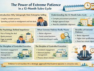 Simple, landscape infographic with a clean layout explaining the power of patience in a 12-month sales cycle. Sections highlight slow enterprise processes, causes of impatience, and the meaning of extreme patience, using minimal icons like calendars, clocks, and checklists. The design emphasizes benefits such as better alignment, stronger qualification, and fewer objections, ending with a message that patience is a strategic approach, not inaction.