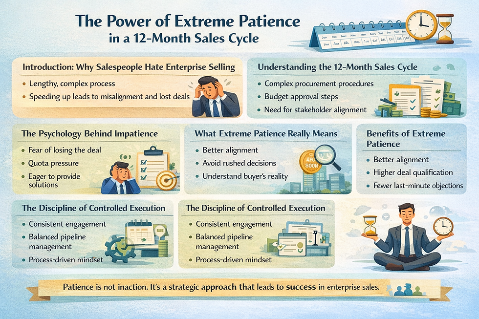 Simple, landscape infographic with a clean layout explaining the power of patience in a 12-month sales cycle. Sections highlight slow enterprise processes, causes of impatience, and the meaning of extreme patience, using minimal icons like calendars, clocks, and checklists. The design emphasizes benefits such as better alignment, stronger qualification, and fewer objections, ending with a message that patience is a strategic approach, not inaction.