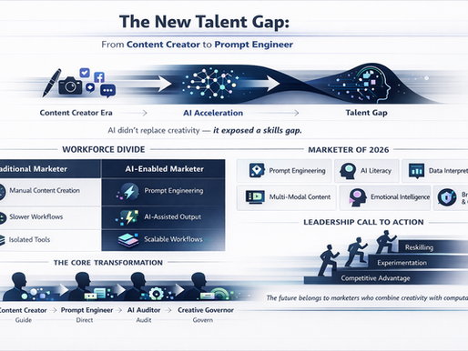 Landscape B2B infographic titled “The New Talent Gap: From Content Creator to Prompt Engineer.” Across the top, a horizontal flow shows the progression from the Content Creator Era to AI Acceleration and a resulting Talent Gap, with visuals shifting from pens, cameras, and social media icons to connected AI nodes, neural networks, and a stylized human head filled with data signals. A caption beneath reads, “AI didn’t replace creativity — it exposed a skills gap.” The left-center section presents a Workforce Divide comparison: Traditional Marketer with manual content creation, slower workflows, and isolated tools, contrasted against the AI-Enabled Marketer featuring prompt engineering, AI-assisted output, and scalable workflows, represented by clock and lightning icons. Along the bottom, a core transformation pathway illustrates role evolution from Content Creator to Prompt Engineer to AI Auditor to Creative Governor, each shown as human silhouettes combined with AI interface elements