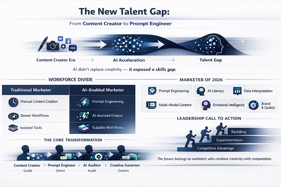 Landscape B2B infographic titled “The New Talent Gap: From Content Creator to Prompt Engineer.” Across the top, a horizontal flow shows the progression from the Content Creator Era to AI Acceleration and a resulting Talent Gap, with visuals shifting from pens, cameras, and social media icons to connected AI nodes, neural networks, and a stylized human head filled with data signals. A caption beneath reads, “AI didn’t replace creativity — it exposed a skills gap.” The left-center section presents a Workforce Divide comparison: Traditional Marketer with manual content creation, slower workflows, and isolated tools, contrasted against the AI-Enabled Marketer featuring prompt engineering, AI-assisted output, and scalable workflows, represented by clock and lightning icons. Along the bottom, a core transformation pathway illustrates role evolution from Content Creator to Prompt Engineer to AI Auditor to Creative Governor, each shown as human silhouettes combined with AI interface elements