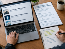 Photorealistic overhead view of a B2B buyer’s desk comparing sensational clickbait headlines on a laptop with evidence-based, practical business content, while the buyer highlights key information and takes notes.