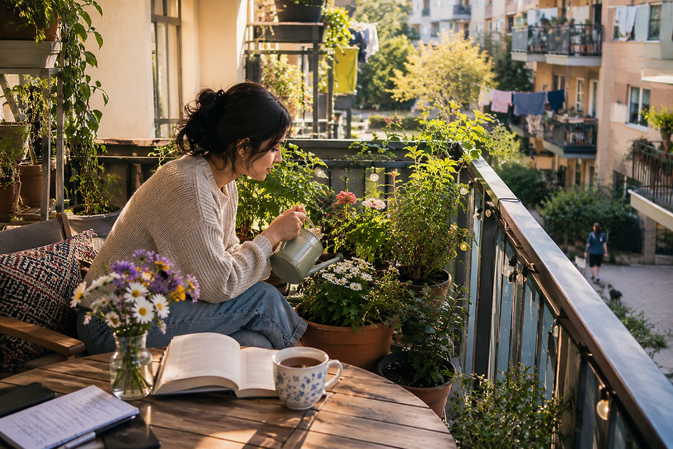 Woman watering flowers on a sunny balcony with an open book and cup of tea