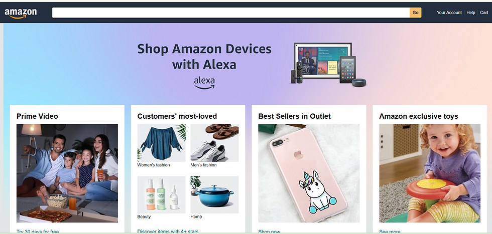 Screenshot of Amazon’s homepage showcasing personalized recommendations, Prime Video, most-loved products, best sellers, and exclusive toys.