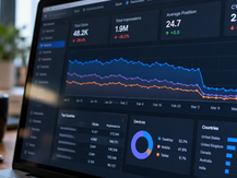 Close-up of an SEO analytics dashboard showing a sharp drop in search visibility, clicks, and impressions following an algorithm update.