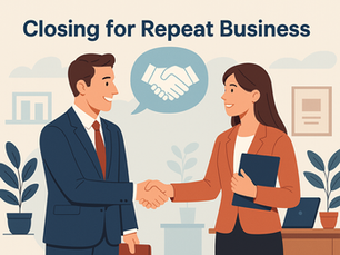 Illustration of two business professionals shaking hands in an office with the text "Closing for Repeat Business" and a handshake icon in the background.