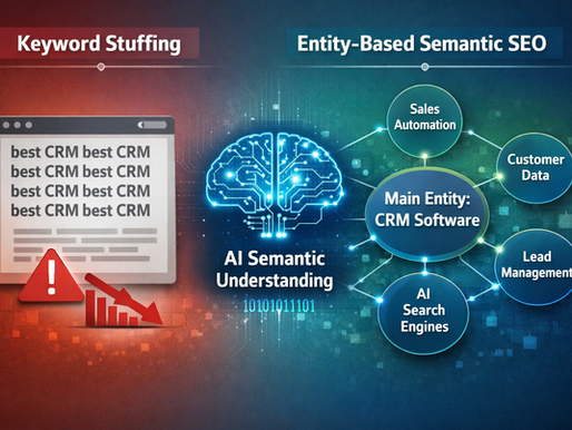Diagram comparing keyword stuffing SEO with modern entity-based semantic SEO showing knowledge graph connections and AI search understanding context