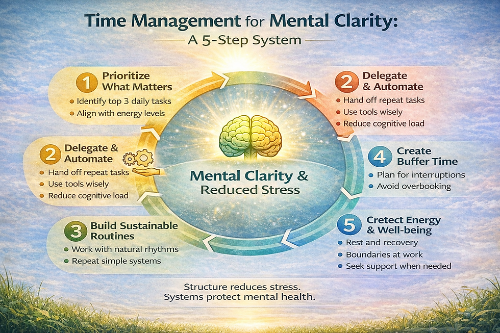 Infographic titled “Time Management for Mental Clarity: A 5-Step System” showing a central concept of Mental Clarity and Reduced Stress surrounded by five steps: Prioritize What Matters, Delegate and Automate, Build Sustainable Routines, Create Buffer Time, and Protect Energy and Well-being, illustrating how structured time management supports mental health and reduces stress.