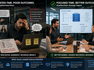 Overworked Sales Engineer handling unqualified SaaS demo requests compared with a properly qualified enterprise sales meeting