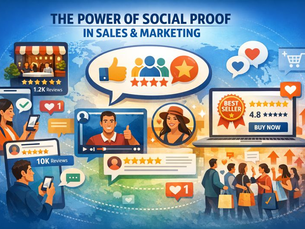Illustration showing the power of social proof in sales and marketing, with diverse customers viewing star ratings, testimonials, video reviews, influencer endorsements, and “best seller” badges on digital screens, highlighting trust, credibility, and purchase decisions driven by reviews and social validation.