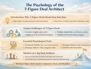 Soft, minimal landscape infographic illustrating the psychology behind 7-figure enterprise deals, using a clean layout with pastel tones and simple icons. Sections highlight high-stakes challenges, long sales cycles, and multiple stakeholders, alongside key mental traits like emotional stability, strategic patience, and comfort with uncertainty. The design emphasizes process-focused thinking, discipline, and composure as essential for winning large deals.