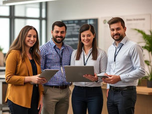Sales operations team collaborating with laptops and tablets in a modern office, showcasing teamwork and operational efficiency