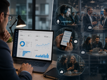 Split-screen illustration showing a marketing manager reviewing an analytics dashboard on a laptop while, on the opposite side, business professionals privately influence purchasing decisions through a podcast, direct messages, conference networking, coffee discussions, and team meetings, highlighting the gap between measurable attribution data and real buyer behavior.