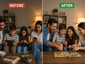 Split image showing a family ignoring each other while using smartphones on one side and the same family happily playing a board game together without screens on the other side, illustrating digital detox benefits