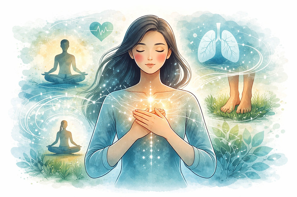 Person sitting calmly in a peaceful setting with eyes closed, focusing on breathing, while subtle visual cues highlight body awareness such as glowing chest for breath, relaxed shoulders, and gentle energy flow through the body, symbolizing the mind-body connection and anxiety relief.