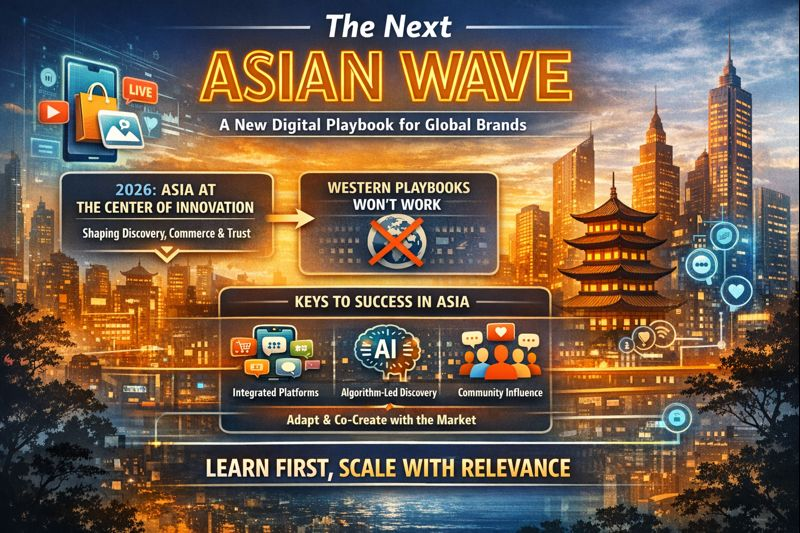 Landscape infographic showing a futuristic Asian city skyline blended with digital icons. The graphic highlights “The Next Asian Wave” with key points: Asia as the center of innovation by 2026, Western playbooks no longer working, and success drivers including integrated platforms, AI-led discovery, and community influence, ending with the message “Learn first, scale with relevance.
