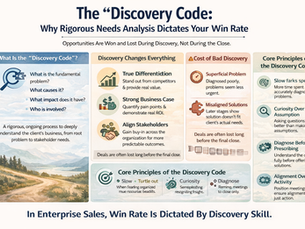 Soft, clean landscape infographic illustrating “The Discovery Code” in enterprise sales, using pastel colors and simple icons to show how deep needs analysis drives win rates, highlights key discovery questions, contrasts good vs. poor discovery outcomes, and emphasizes principles like curiosity, diagnosis before solution, and stakeholder alignment.