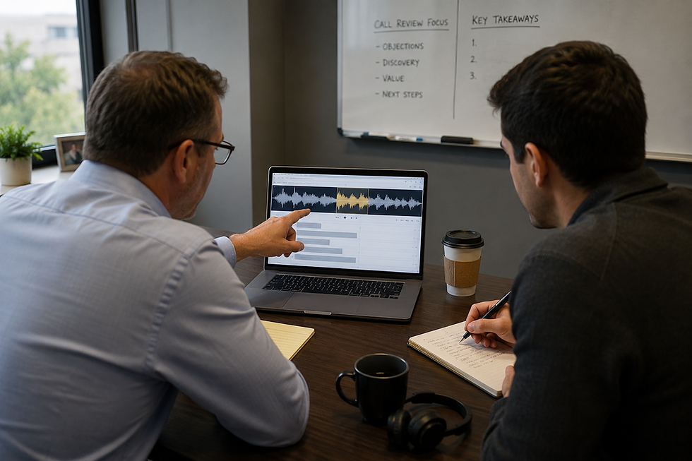 Sales manager and sales representative reviewing a recorded sales call together on a laptop during a coaching session.