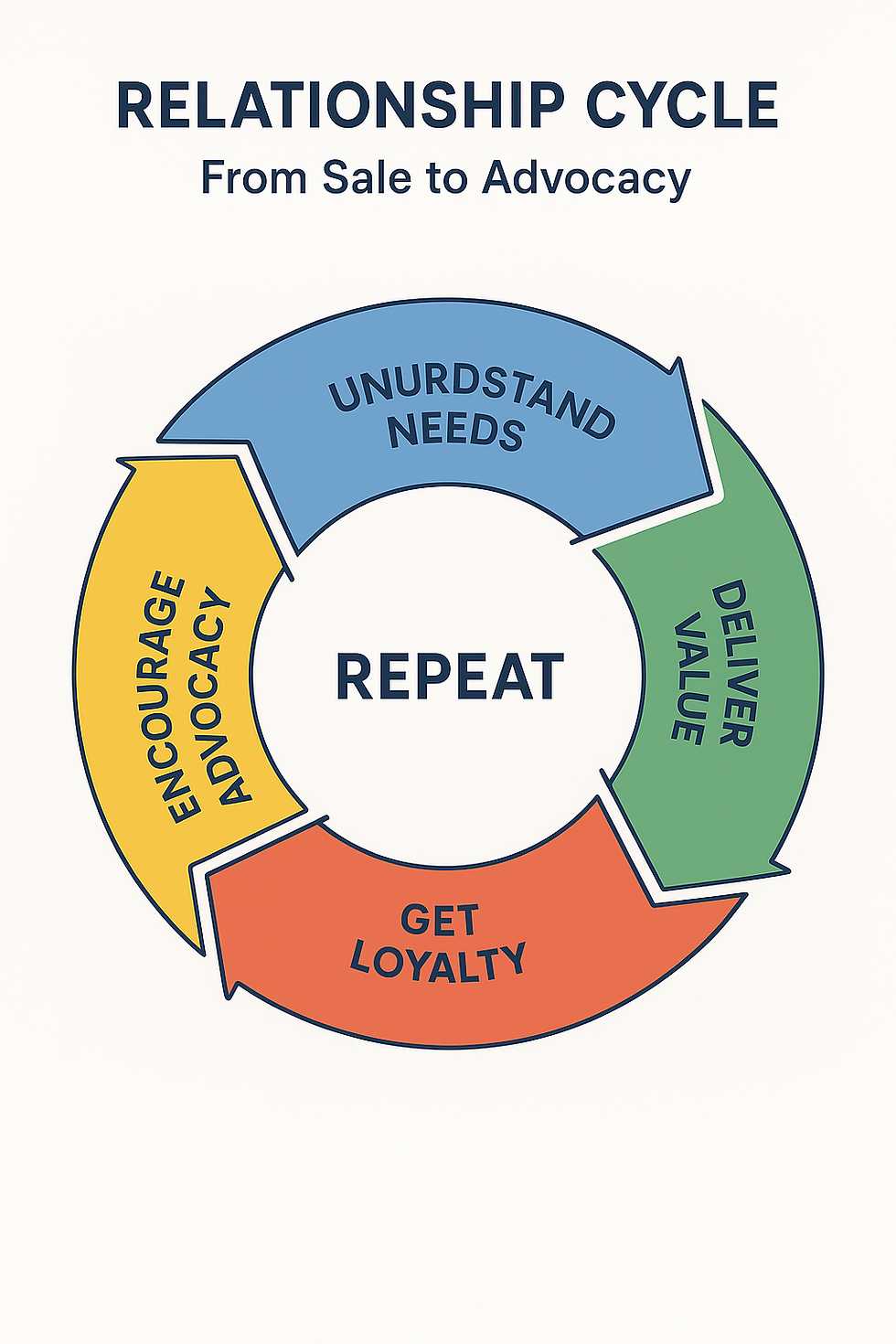 Relationship cycle infographic showing stages from sale to advocacy: Understand Needs, Deliver Value, Build Trust, Get Loyalty, Encourage Advocacy, and Repeat in a circular loop