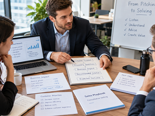 A B2B sales coaching session in a modern office: a sales manager sits with two sales representatives around a table, reviewing a real customer case