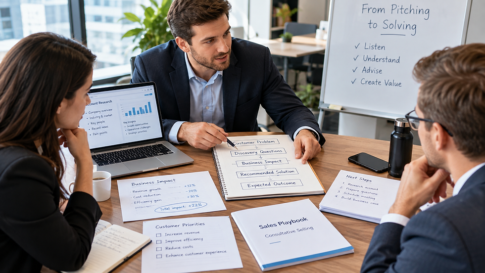 A B2B sales coaching session in a modern office: a sales manager sits with two sales representatives around a table, reviewing a real customer case
