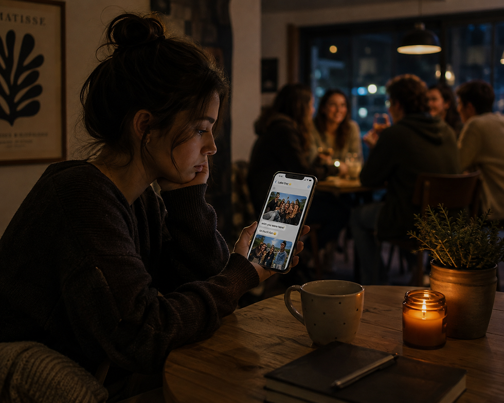 A woman sits alone in a warmly lit café, looking at photos and messages on her smartphone while a small group of friends enjoys themselves in the softly blurred background.