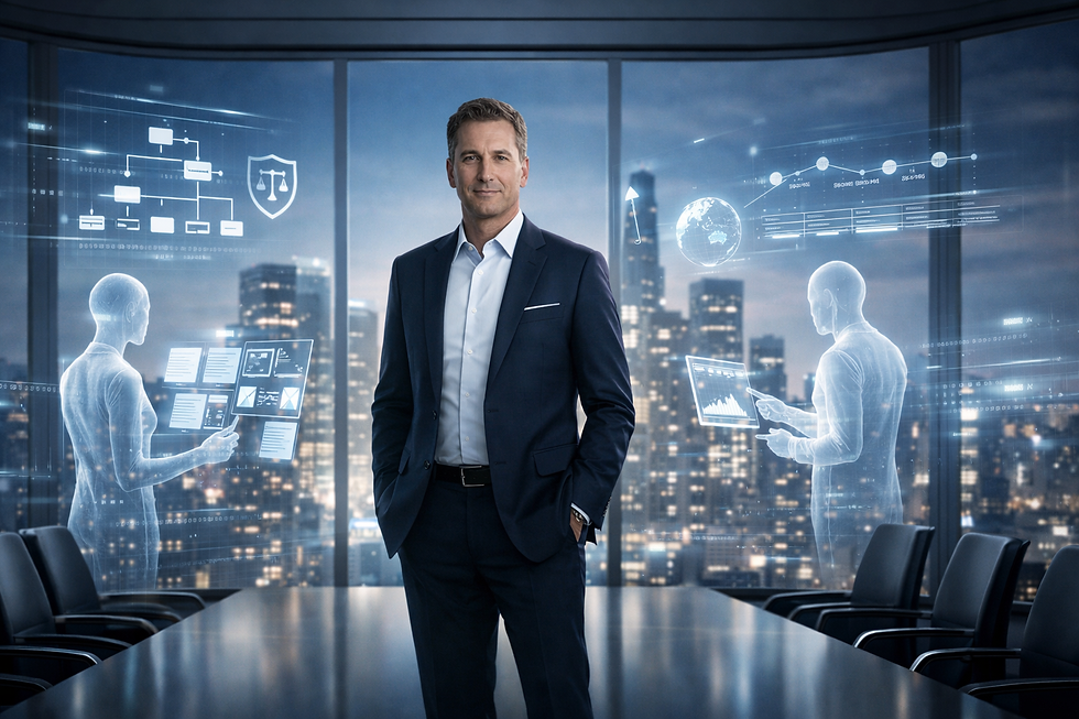 An AI-literate executive stands confidently in a futuristic boardroom with a city skyline behind them, while transparent holographic AI agents, data visualizations, and governance icons float around, representing strategic leadership, ethical oversight, and informed decision-making in an AI-driven business world.