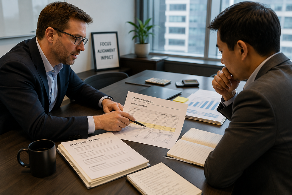 Two business professionals reviewing pricing terms and contract documents in a meeting room, discussing a printed proposal during a focused procurement negotiation
