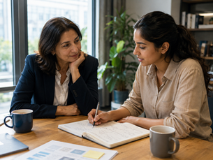 Leader coaching an employee through discussion and active listening during a one-on-one development meeting in a modern office.