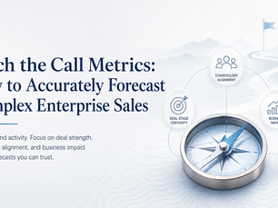 Soft minimal landscape infographic showing a corporate sales forecasting concept with a compass symbolizing direction and accuracy. Clean dashboard-style icons represent stakeholder alignment, deal stage certainty, business impact, and leading indicators on a light blue-gray background. Professional modern design for enterprise sales strategy and forecast accuracy.