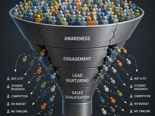 Illustration of a leaky B2B marketing funnel showing leads entering through form submissions, webinar attendees, ebook downloads, and newsletter signups, then dropping off during awareness, engagement, lead nurturing, and sales qualification stages until only one customer remains.