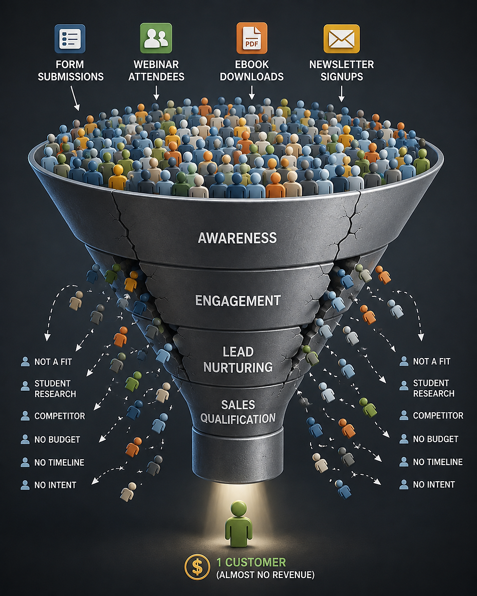 Illustration of a leaky B2B marketing funnel showing leads entering through form submissions, webinar attendees, ebook downloads, and newsletter signups, then dropping off during awareness, engagement, lead nurturing, and sales qualification stages until only one customer remains.