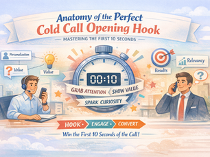 Soft-colored landscape infographic showing two professionals on a phone call with a central stopwatch highlighting the first 10 seconds, illustrating personalization, value, and curiosity as key elements of a perfect cold call opening hook.