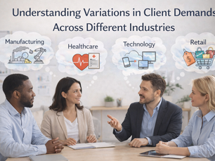 Business professionals reviewing charts and discussing different client demands across industries, illustrating industry-specific needs, consulting strategy, and tailored business solutions.
