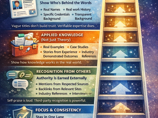 Vertical infographic titled “Why Some Sites Appear in Google AI Summaries – Hint: It’s About Proof, Not Promises,” designed as a trust ladder showing steps to AI summary inclusion, including clear author identity, applied knowledge with real examples, recognition from others, focus and consistency, and how AI evaluates depth, reliability, recognition, and honesty before selecting sources.